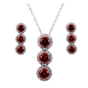 Sterling Silver 925 Rhodium Plated 3 Red Stone CZ Stud Earring and Necklace Set